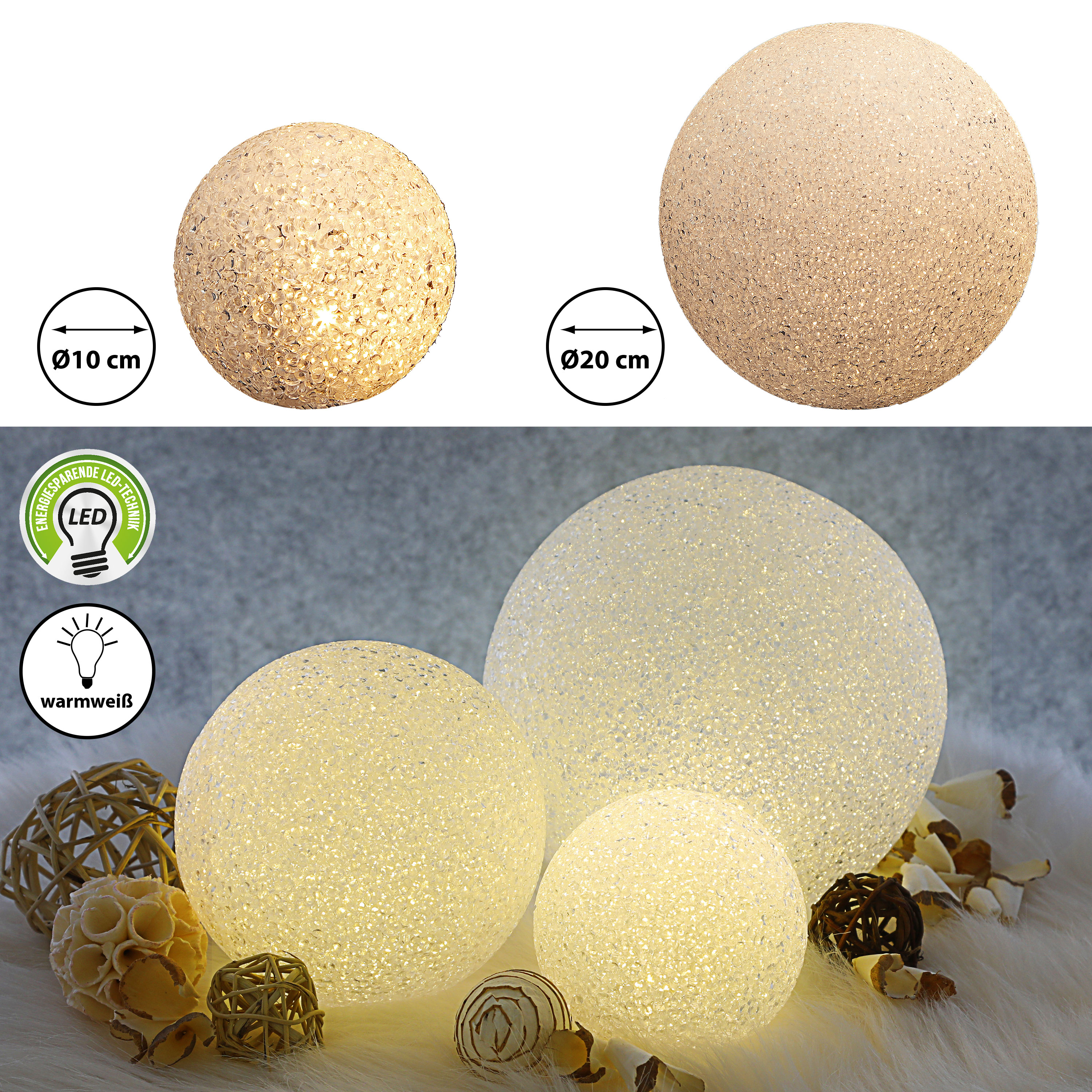 LED Crinkle Kugel :10/20 Wei Warmwei Lampe Leuchtkugel Dekokugel Batterie